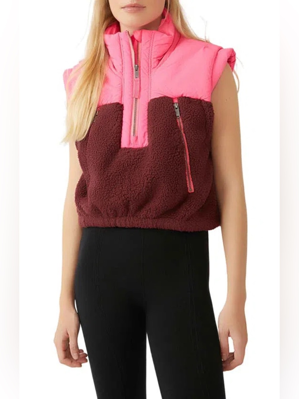 Free People Movement Journey Ahead Vest Pomegranate Sherpa Crop M